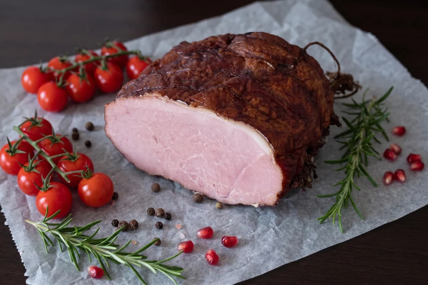 Szynka wędzona na papierze, z rozmarynem i pomidorkami